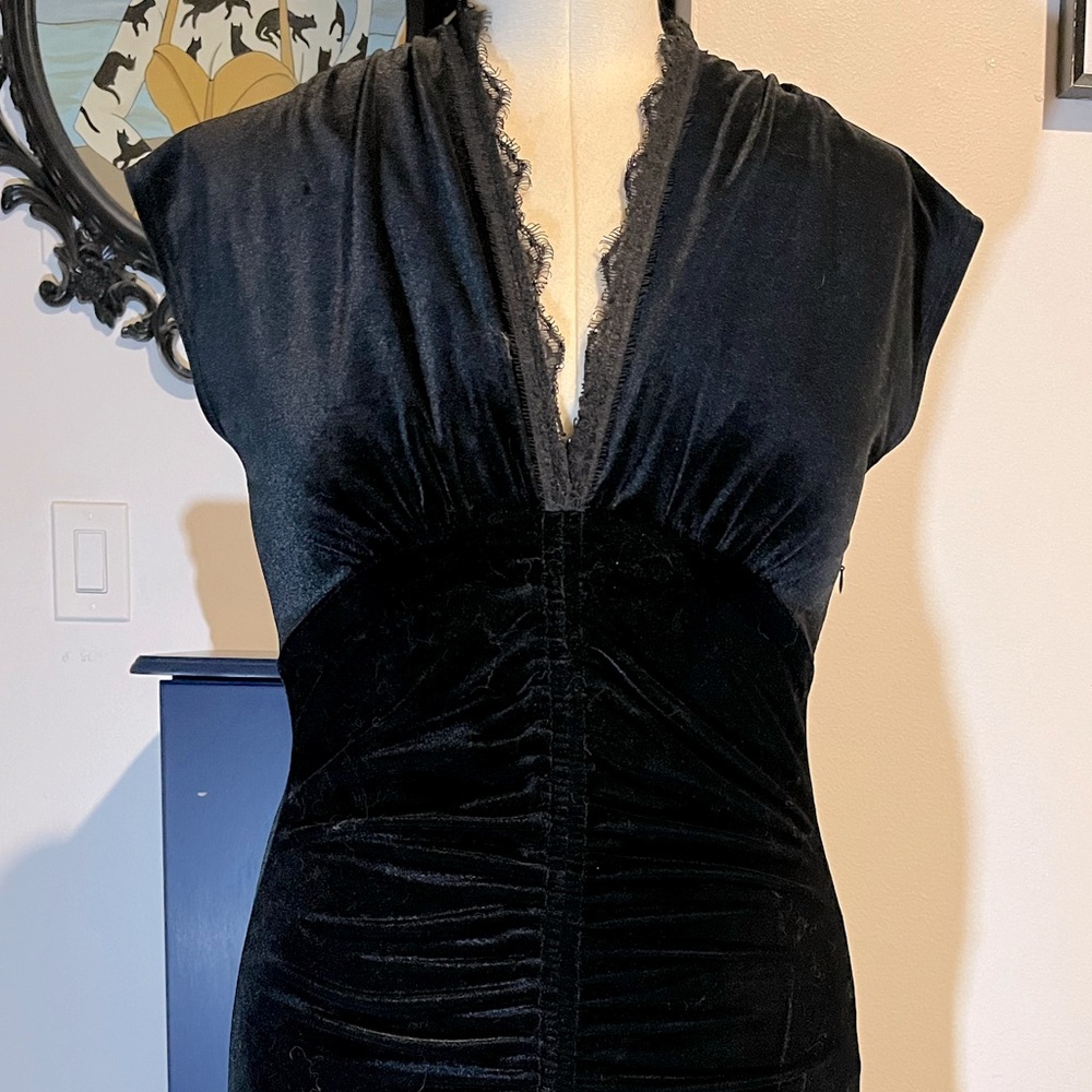 Black velvet cocktail dress chantilly lace ruching